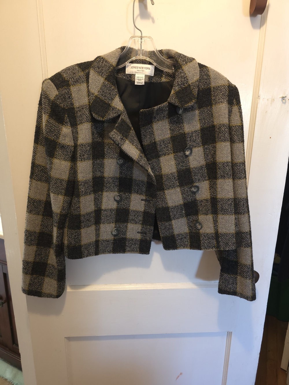 Jones New York Black and Gray Plaid Cropped Double-Breasted Blazer